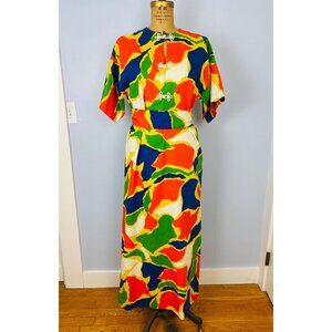Vintage 1960s Maxi Dress, Size S/M, Tie Waist, Colorful Mod Short Sleeve Dress